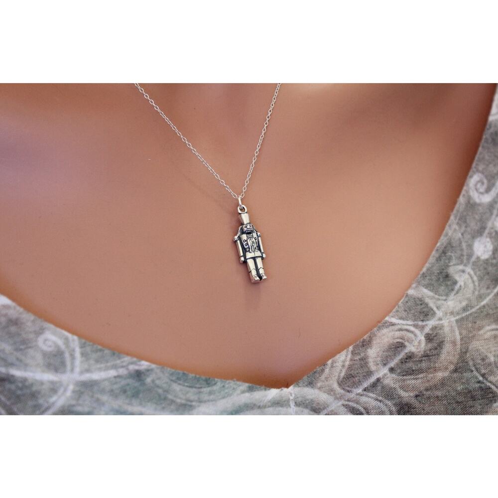 Sterling Silver Nutcracker Charm Necklace, Silver 3D Nutcracker Soldier Necklace - Picture 3 of 4